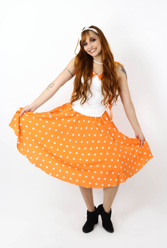 50s Corpete branco saia bola laranja 